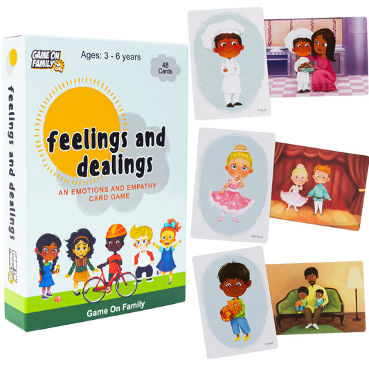 Emotions and empathy card game for children with cards and packaging displayed.
