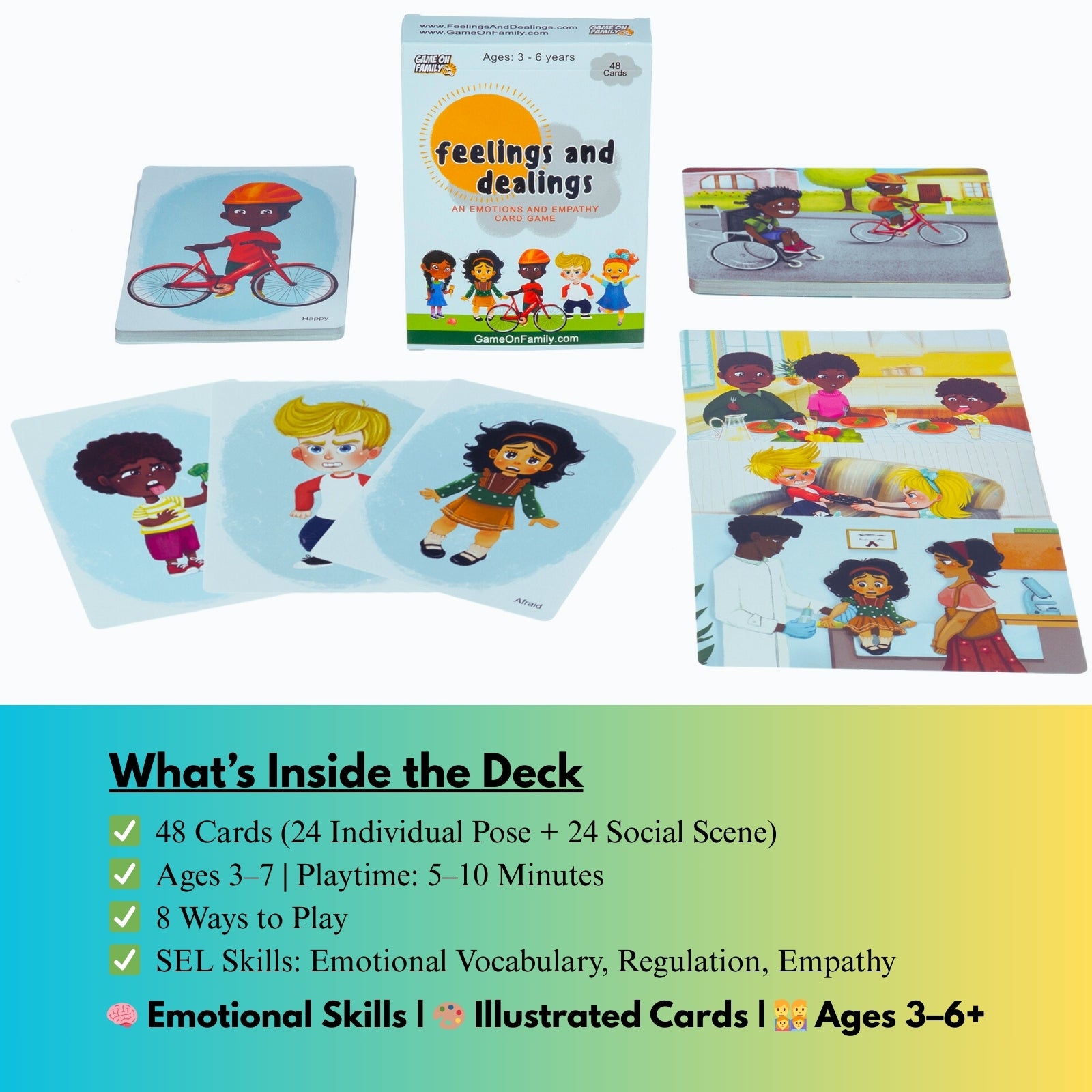 Educational card set with illustrations of children and a box labeled 'feelings and dealings' on a white background.