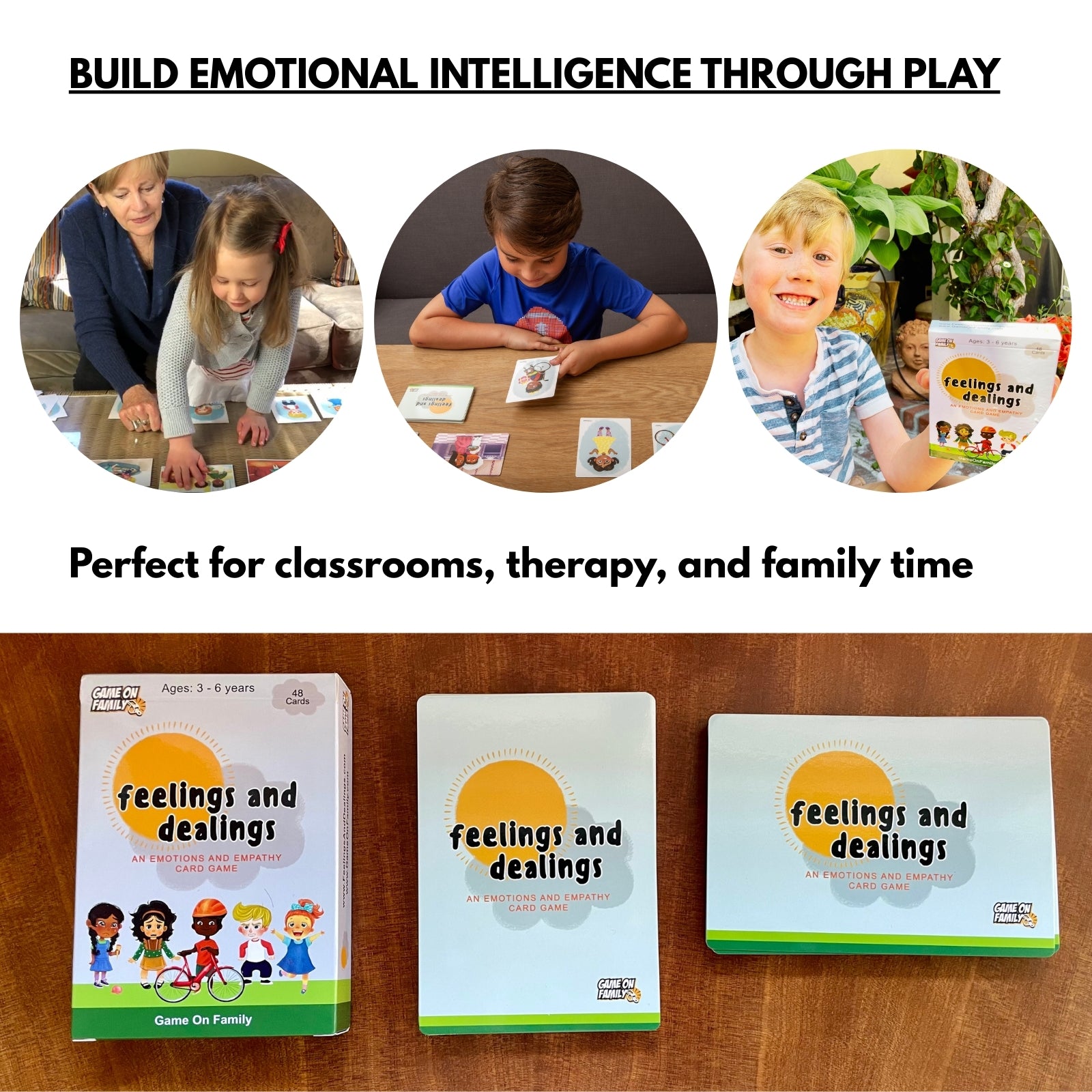 Educational game set for building emotional intelligence with children playing and text on a wooden surface.