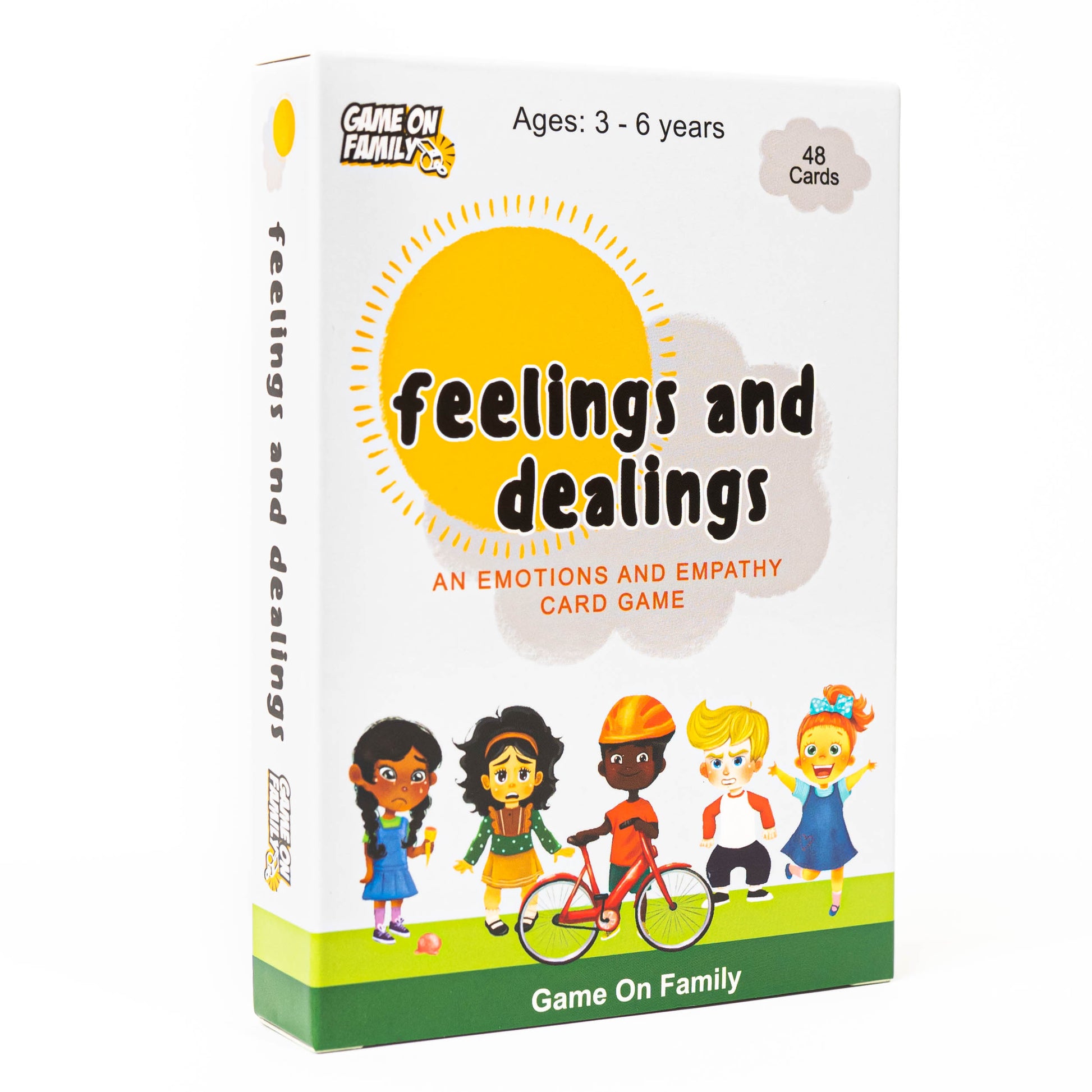 The Feelings and Dealings Card Game as seen from the front slightly at an angle.