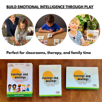 Educational game set for building emotional intelligence with children playing and text on a wooden surface.