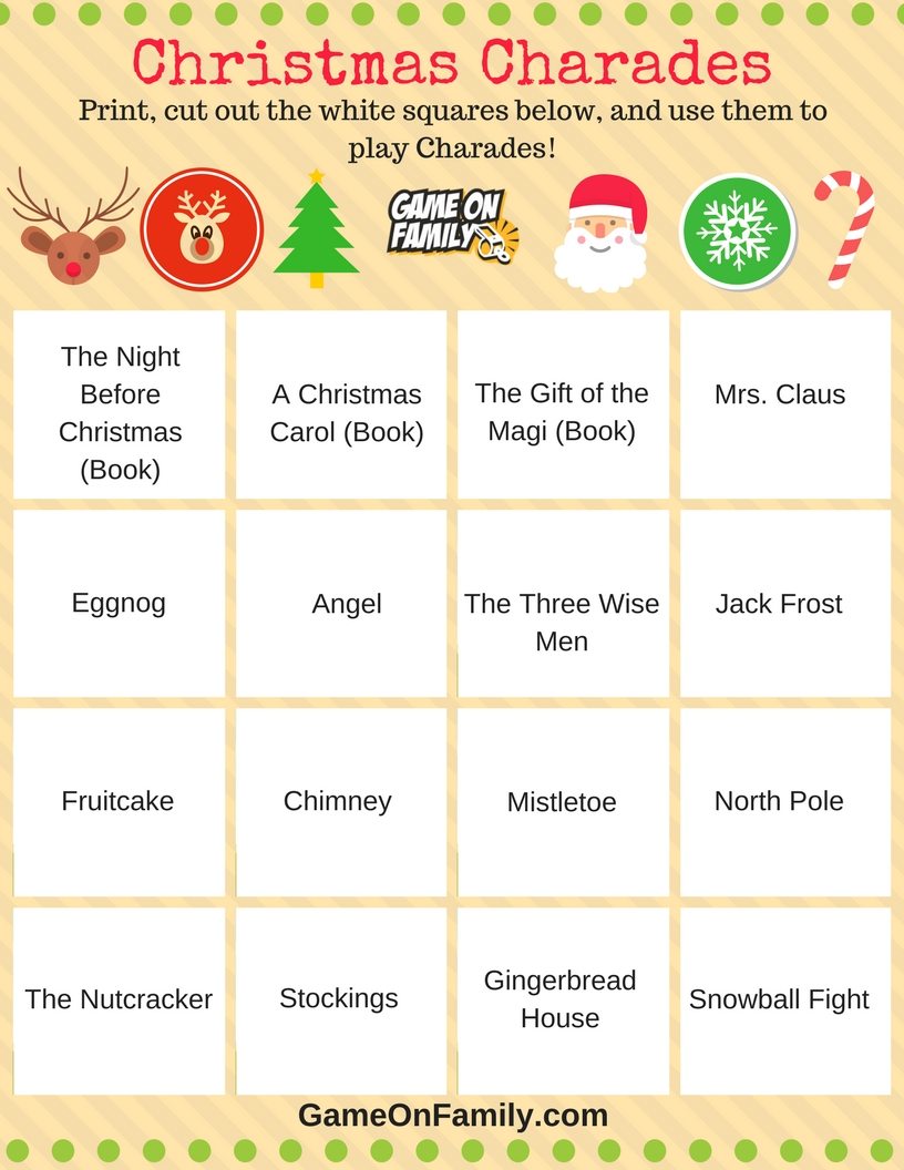 Check out this free Christmas Charades Words Printable! Get more free Christmas Charades printable games and learn how to play Christmas Charades with our Christmas Charades game tutorial: www.GameOnFamily.com/christmas-charades. Game on!