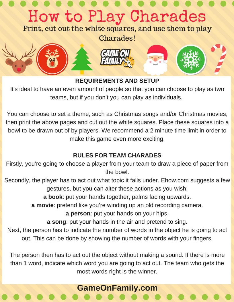 How to Play Christmas Charades: free printable games Game On Family