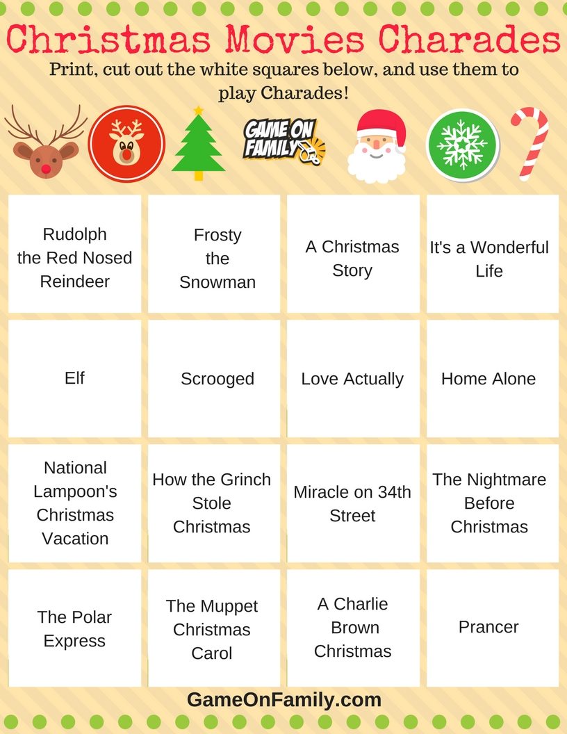 Check out this free Christmas Charades Movies Printable! Get more free Christmas Charades printable games and learn how to play Christmas Charades with our Christmas Charades game tutorial: www.GameOnFamily.com/christmas-charades. Game on!