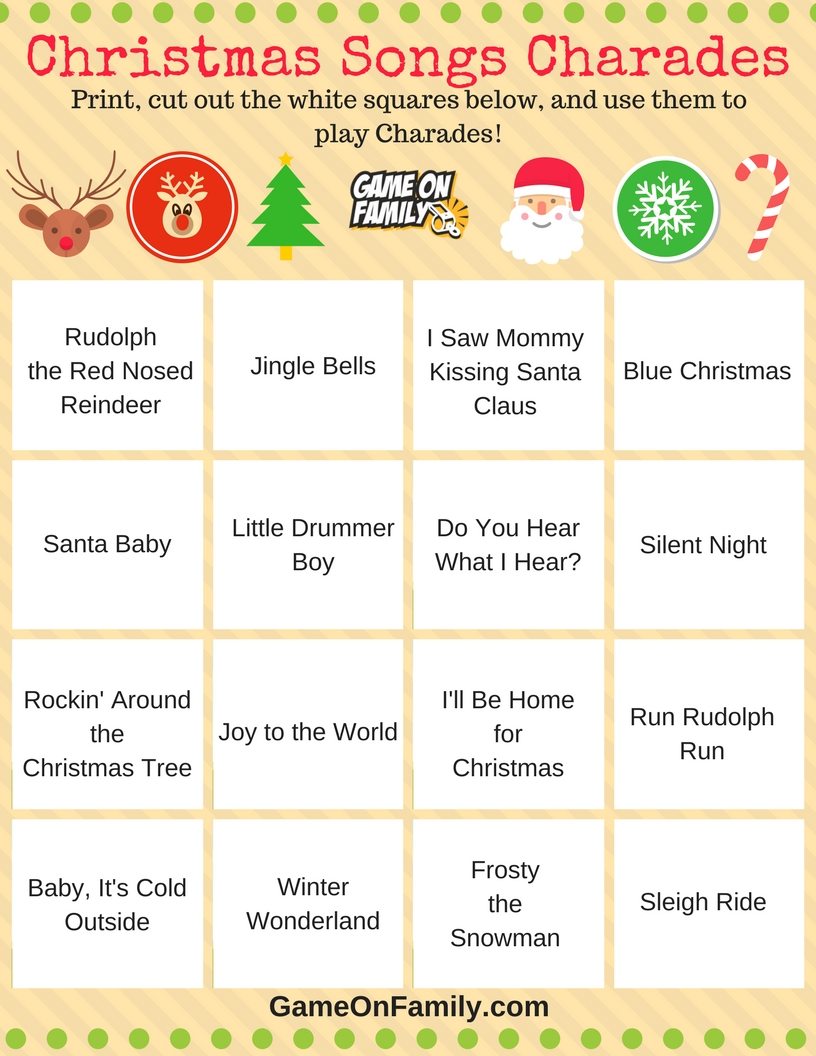 Check out this free Christmas Charades Songs Printable! Get more free Christmas Charades printable games and learn how to play Christmas Charades with our Christmas Charades game tutorial: www.GameOnFamily.com/christmas-charades. Game on!