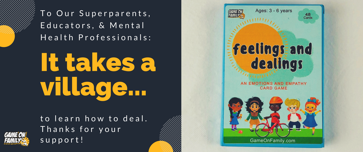Teach empathy! The Feelings and Dealings Card Game: 48 expressive cards, 24 common emotions, and 8 enlightening games that develop emotional fluency and empathy for kids aged 3-6 yrs. www.GameOnFamily.com/FeelingsAndDealings #cardgames #prek #empathy #howtodeal #GameOnFamily #family #kids #feelings